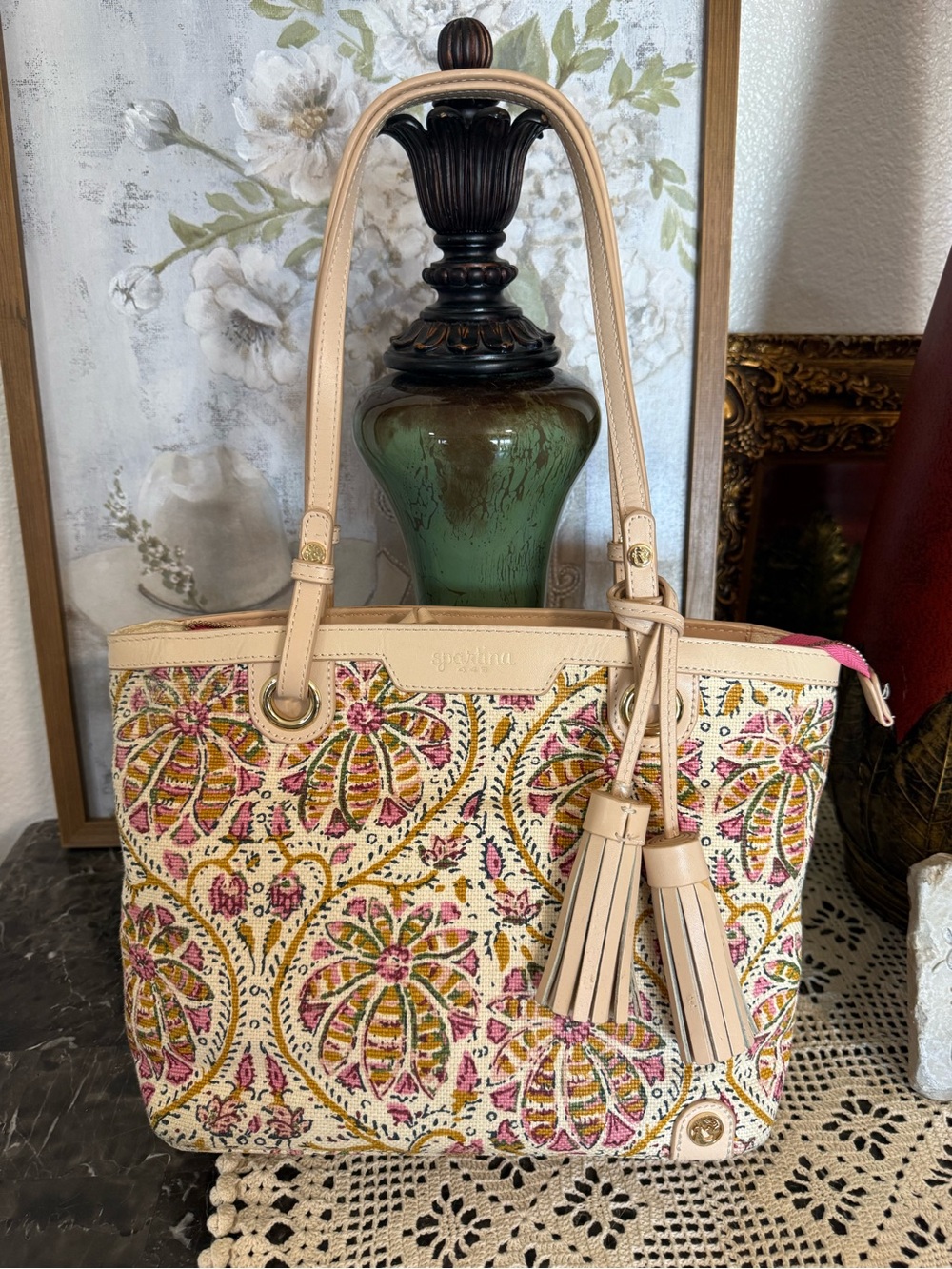 Spartina 449 Pink, Beige & Gold Embroidered Floral Tote